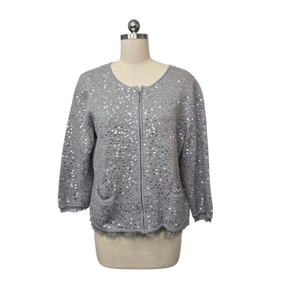Chicos Silver Sequin Full Zip Knit Cardigan‎ Sweater Tulle Trim Size 2 Large